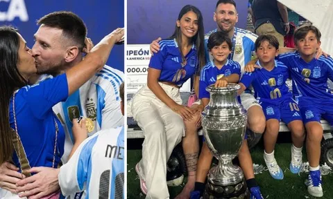 Messi khoá môi bà xã Antonella đầy ngọt ngào, cùng 3 quý tử được dàn vệ sĩ hùng hậu bảo vệ rời đi sau chức vô địch Copa America