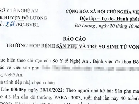 Báo cáo của Bệnh viện Đa khoa huyện Đô Lương về vụ mẹ con sản phụ tử vong