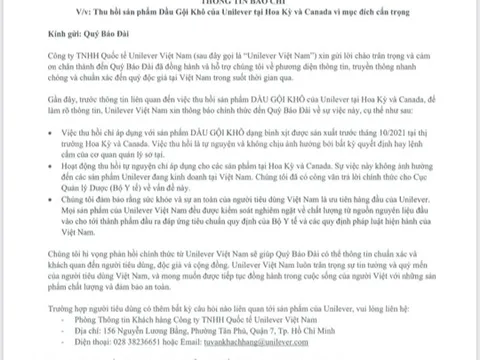 Unilever Việt Nam thông tin việc thu hồi dầu gội khô dạng xịt