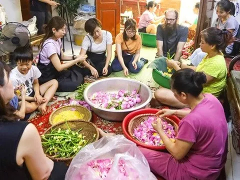 Du khách nước ngoài trải nghiệm ướp trà sen Bách Diệp thức uống tinh hoa của người Hà Nội