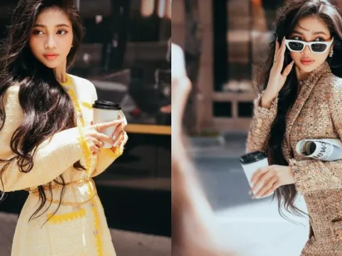 Á hậu Minh Kiên khoe suốt tóc đen mượt, khởi động xu hướng vải tweed trong mùa mới