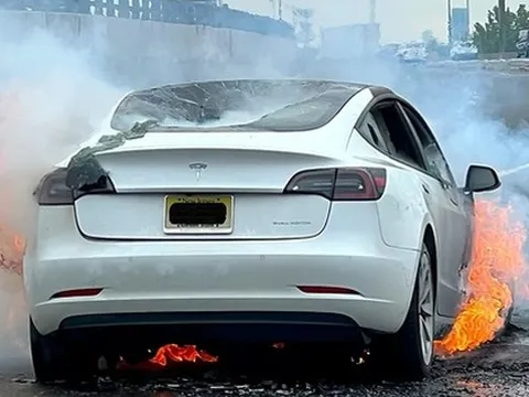 Vấp phải vật lạ trên đường, chủ Tesla vội gọi cứu hỏa nhưng vẫn bất lực nhìn xe hóa thành tro
