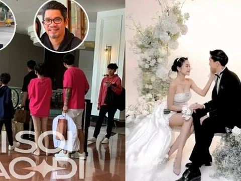 Bố mẹ Doãn Hải My xách túi hiệu "hộ tống" dâu rể đến tiệc cưới, visual sau lưng cũng gây chú ý